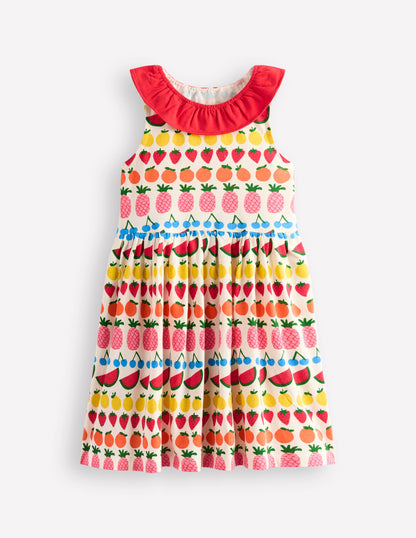 Ruffle Neck Jersey Dress-Ivory Fruit Stripe-4