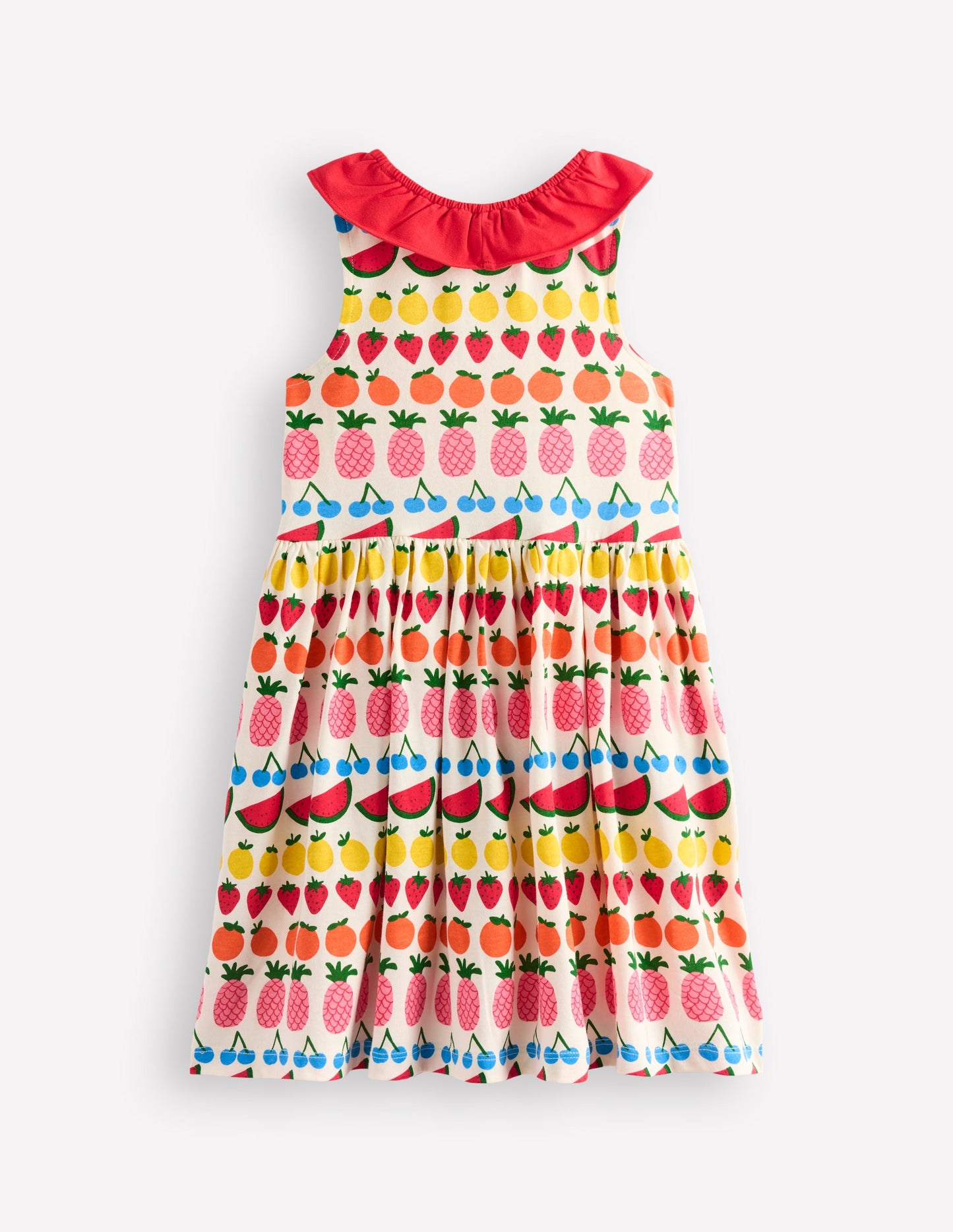 Ruffle Neck Jersey Dress-Ivory Fruit Stripe