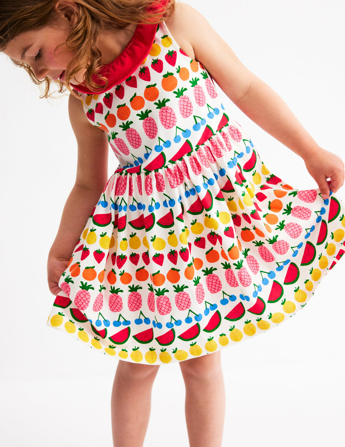 Ruffle Neck Jersey Dress-Ivory Fruit Stripe - Image 1