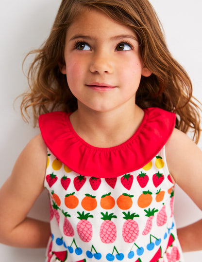 Ruffle Neck Jersey Dress-Ivory Fruit Stripe-2