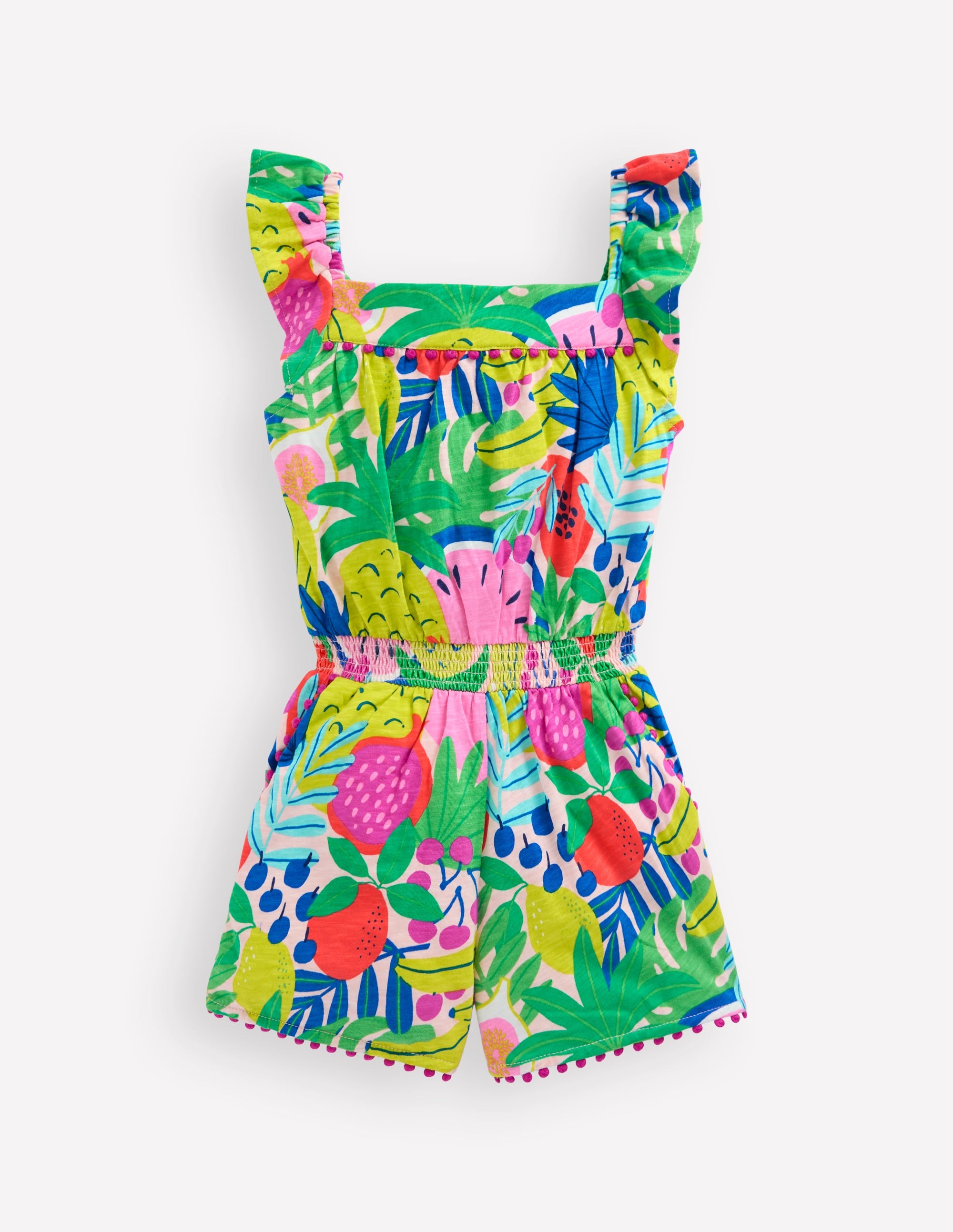 Ciara Pom Trim Jersey Playsuit-Multi Tropical Fruit - Image 1