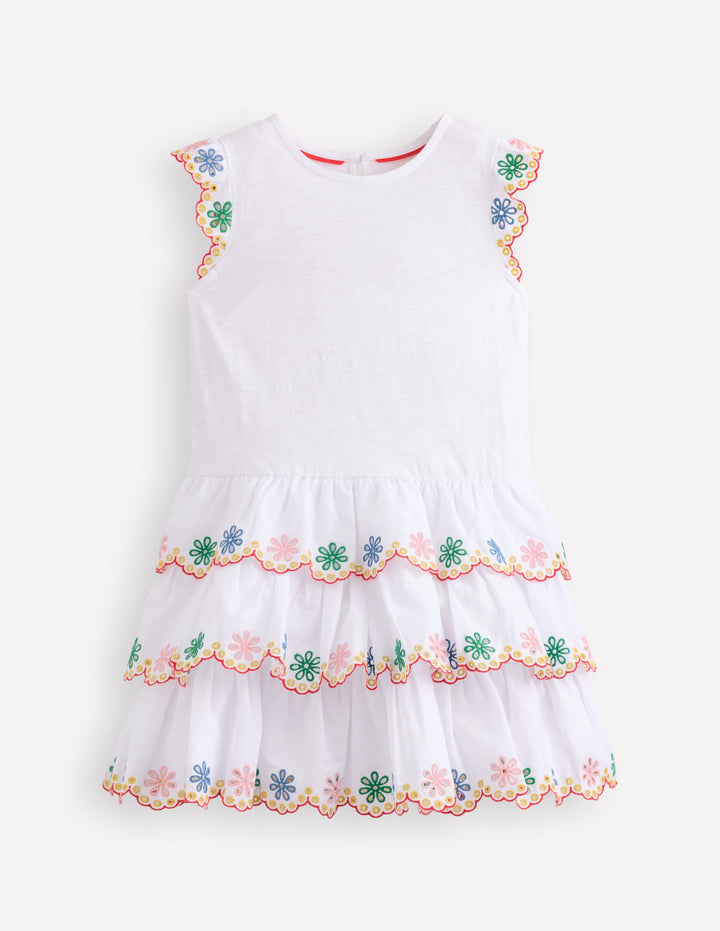 Broderie Mix Jersey Dress-White Rainbow