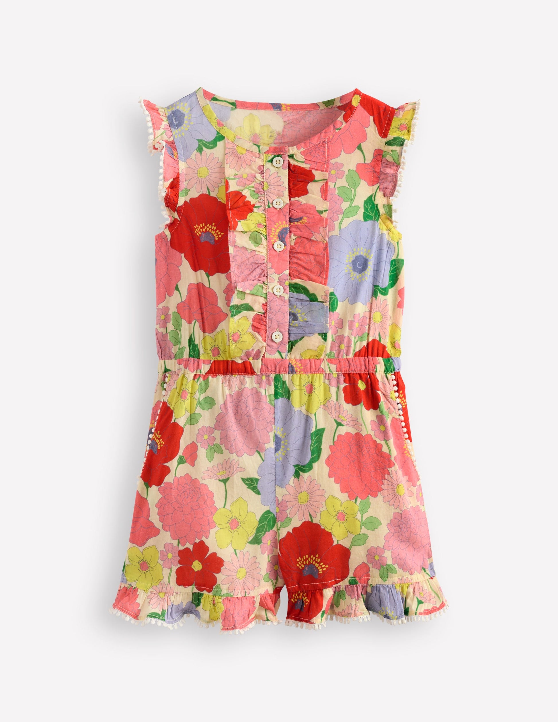 Button Through Ruffle Playsuit-Multi Summer Garden-5