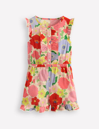 Button Through Ruffle Playsuit-Multi Summer Garden-5