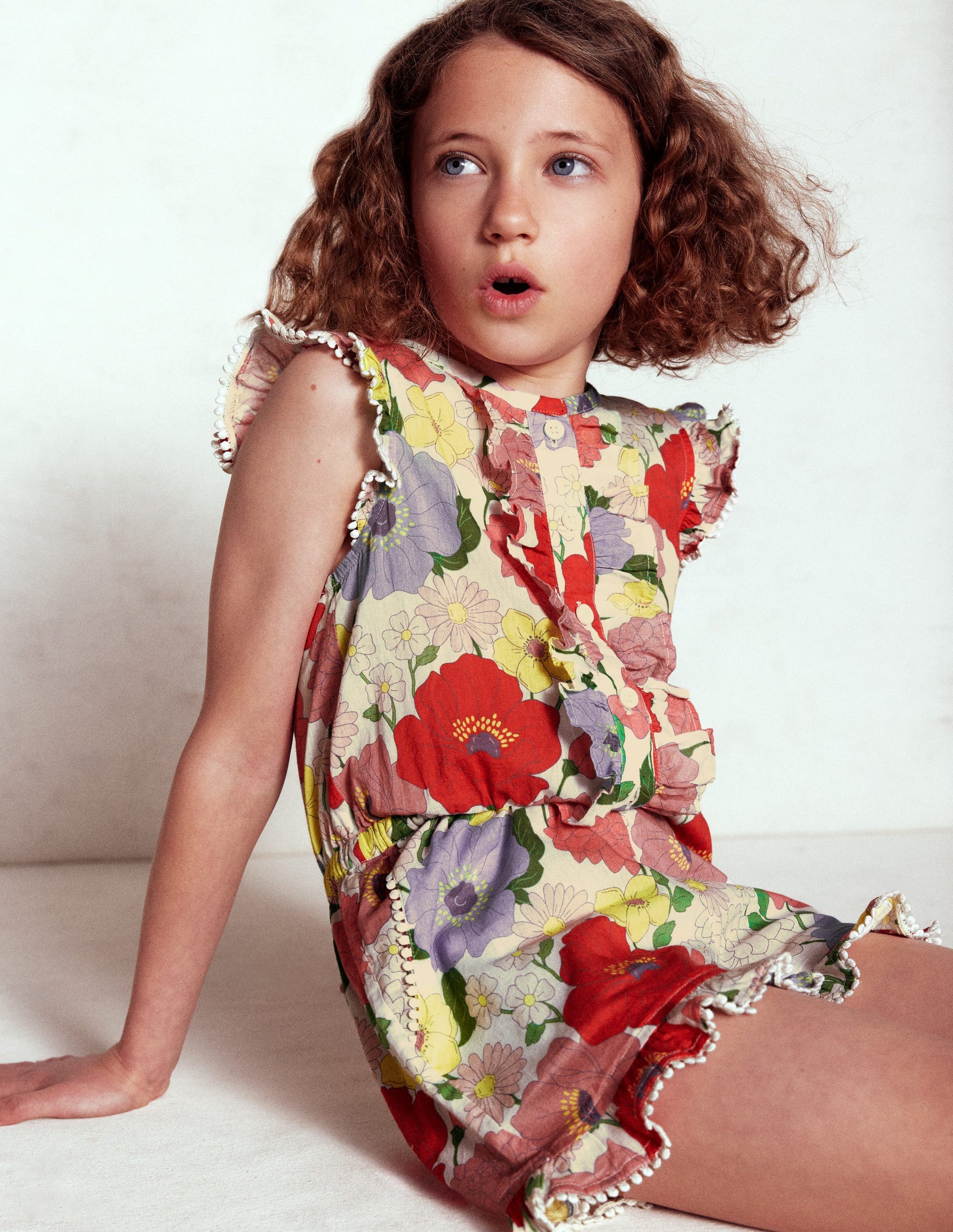 Button Through Ruffle Playsuit-Multi Summer Garden-1