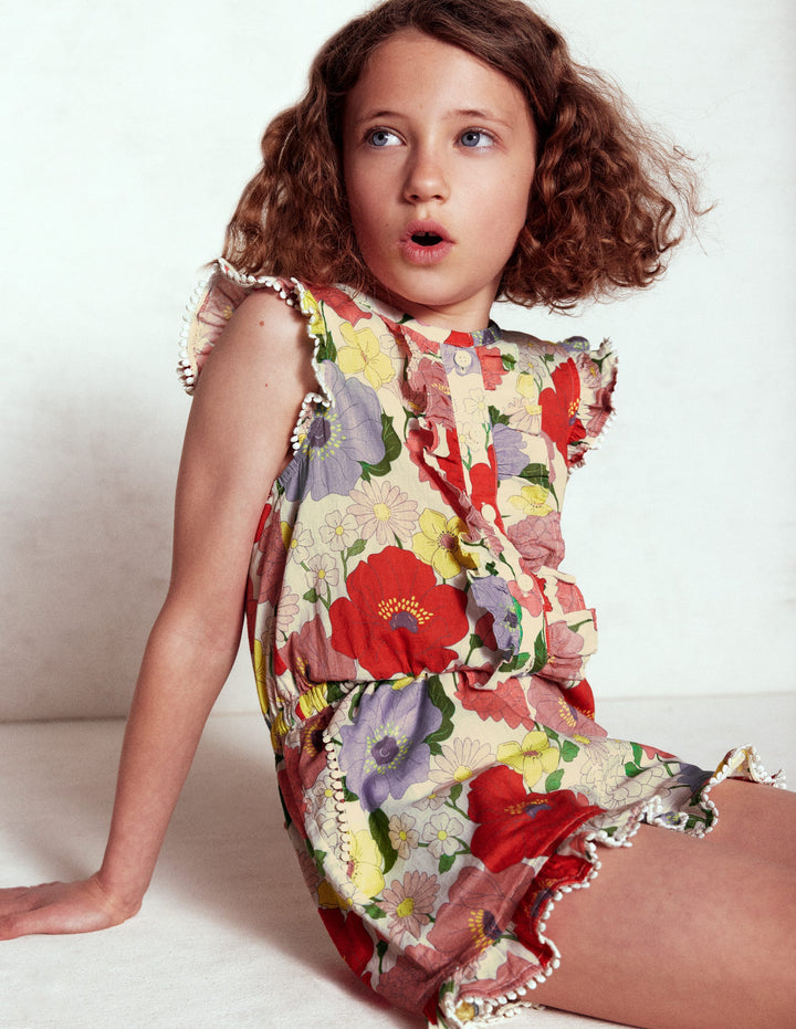 Button Through Ruffle Playsuit-Multi Summer Garden