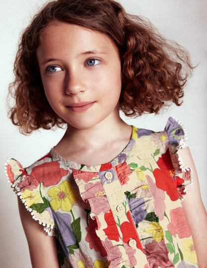 Button Through Ruffle Playsuit-Multi Summer Garden-2