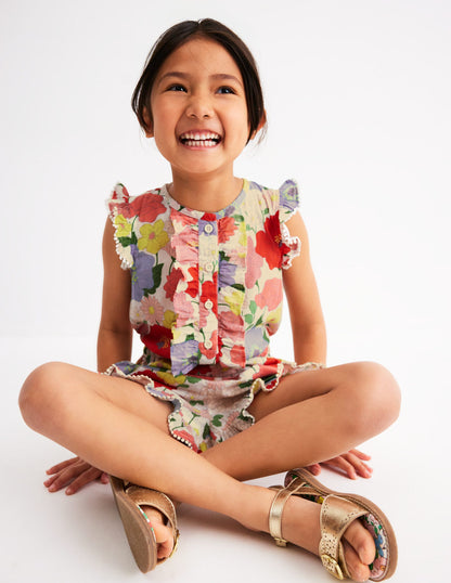 Button Through Ruffle Playsuit-Multi Summer Garden-3