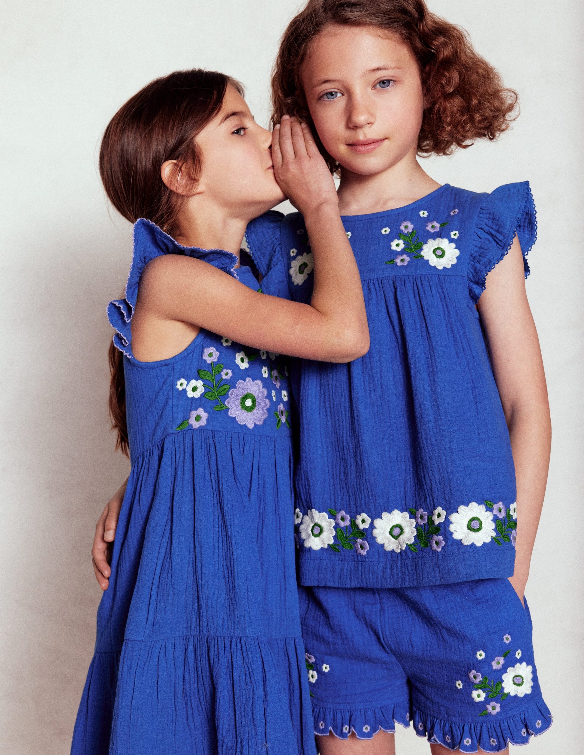 Double Cloth Frill Sleeve Top-Kingfisher Blue Embroidered-1