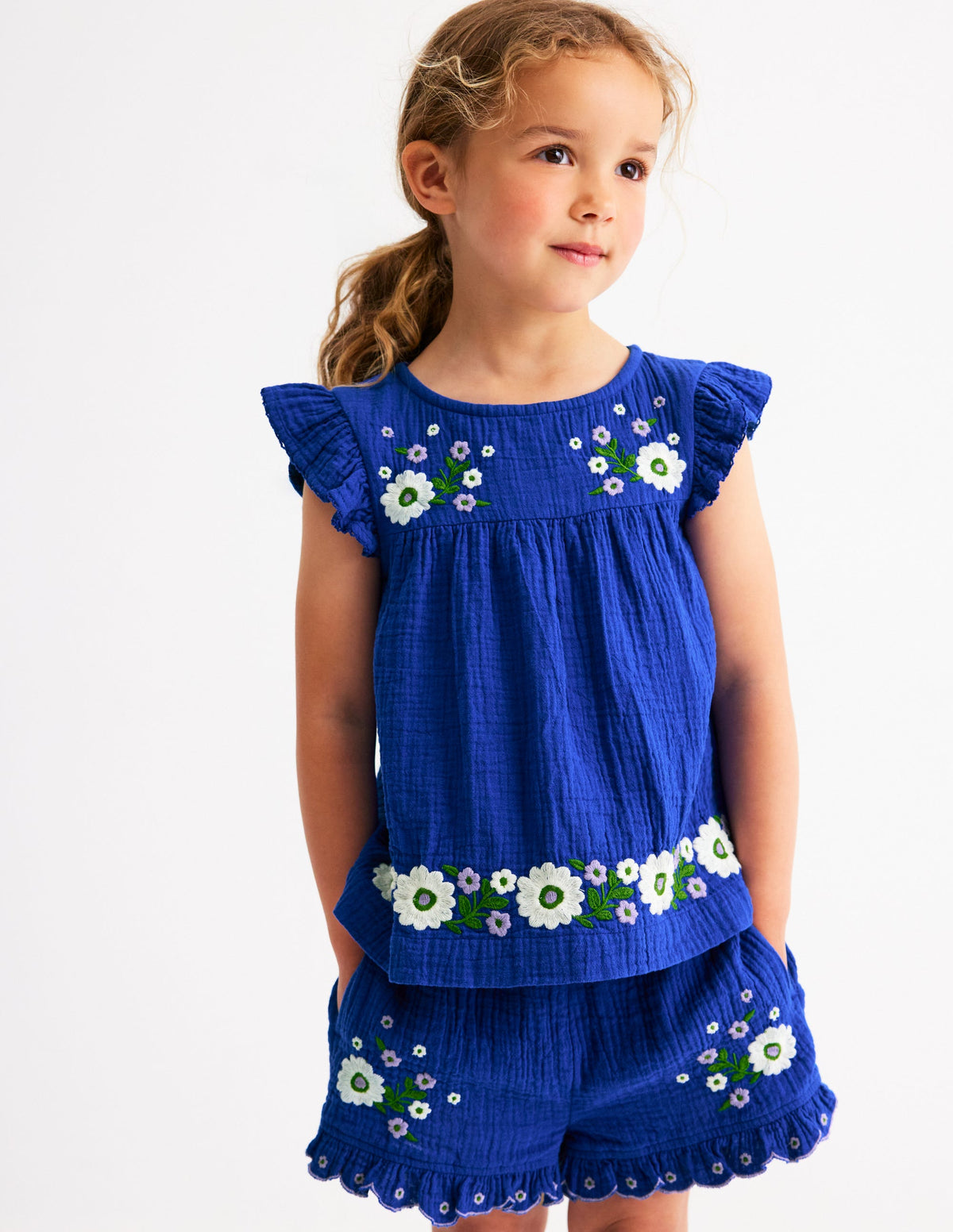 Double Cloth Frill Sleeve Top-Kingfisher Blue Embroidered-2