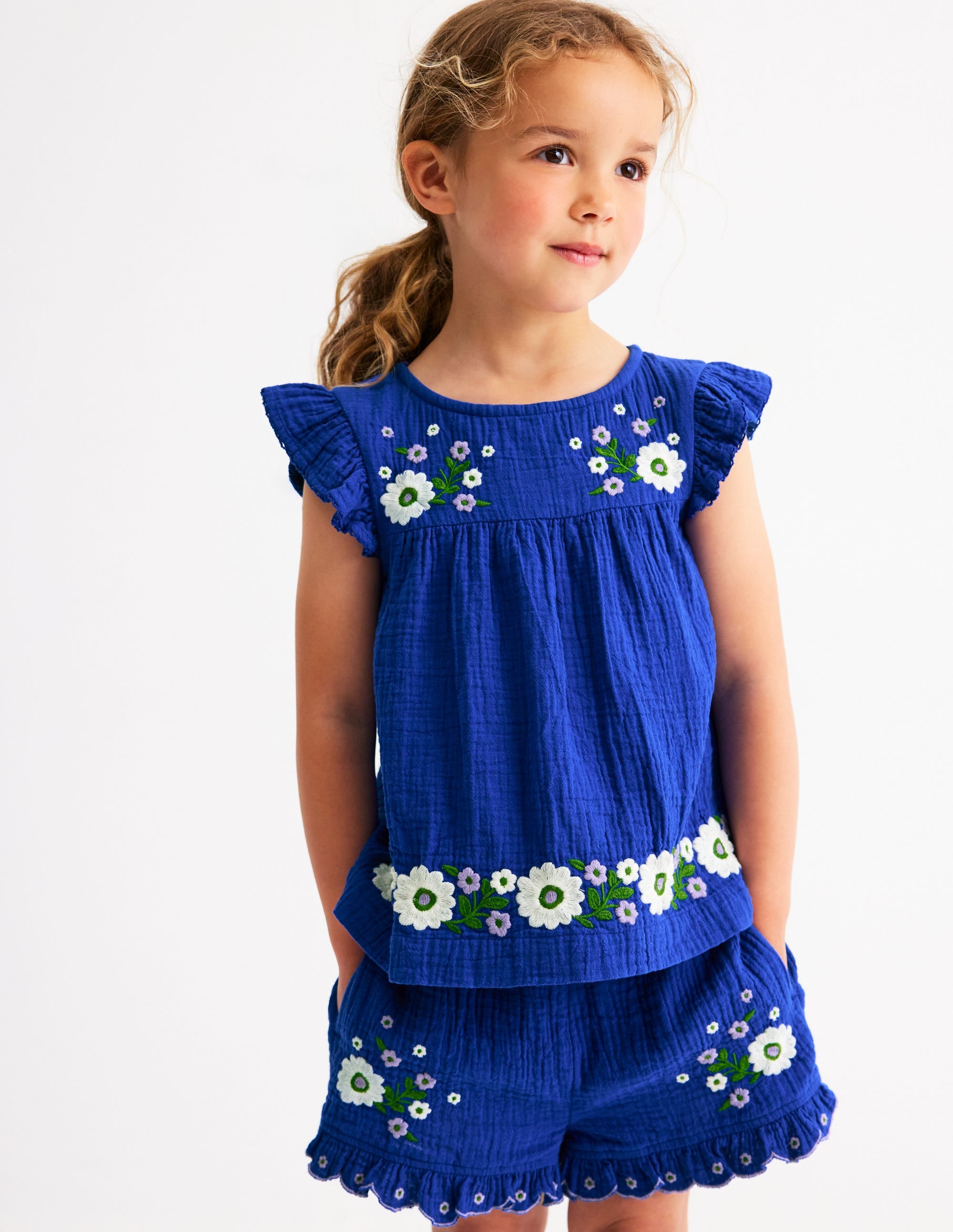 Double Cloth Frill Sleeve Top-Kingfisher Blue Embroidered - Image 2