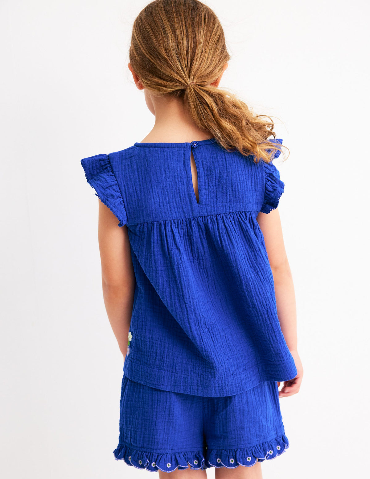 Double Cloth Frill Sleeve Top-Kingfisher Blue Embroidered-3