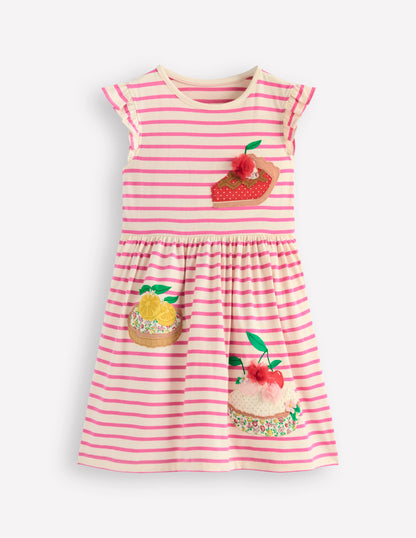 Flutter Sleeve Appliqué Dress-Pink Stripe Cakes-1