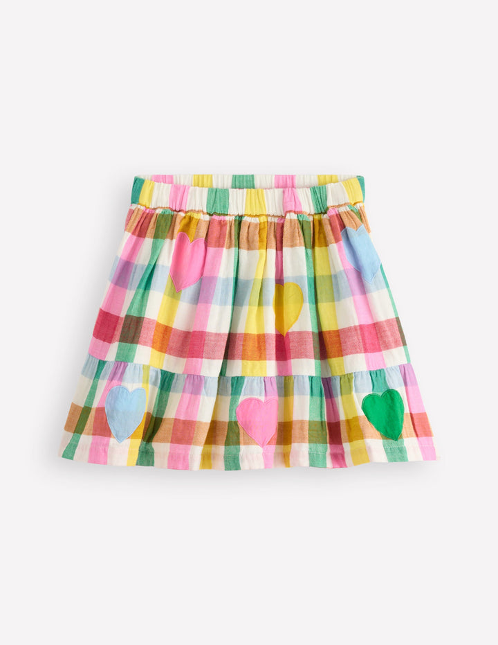 Double Cloth Printed Skirt-Multi Heart Check