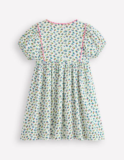 Puff Sleeve Double Cloth Dress-Soft Ivory Ditsy Floral-2