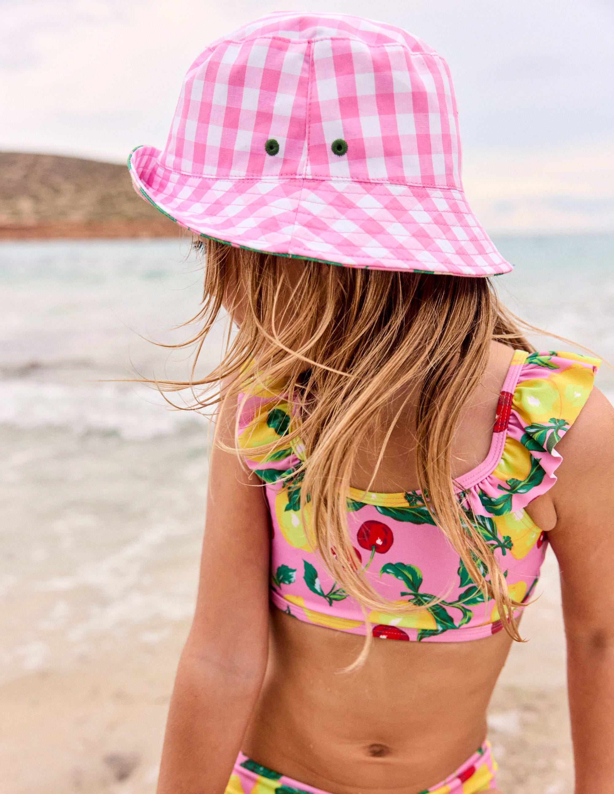 Reversible Bucket Hat-Pink Strawberry Gingham - Image 1