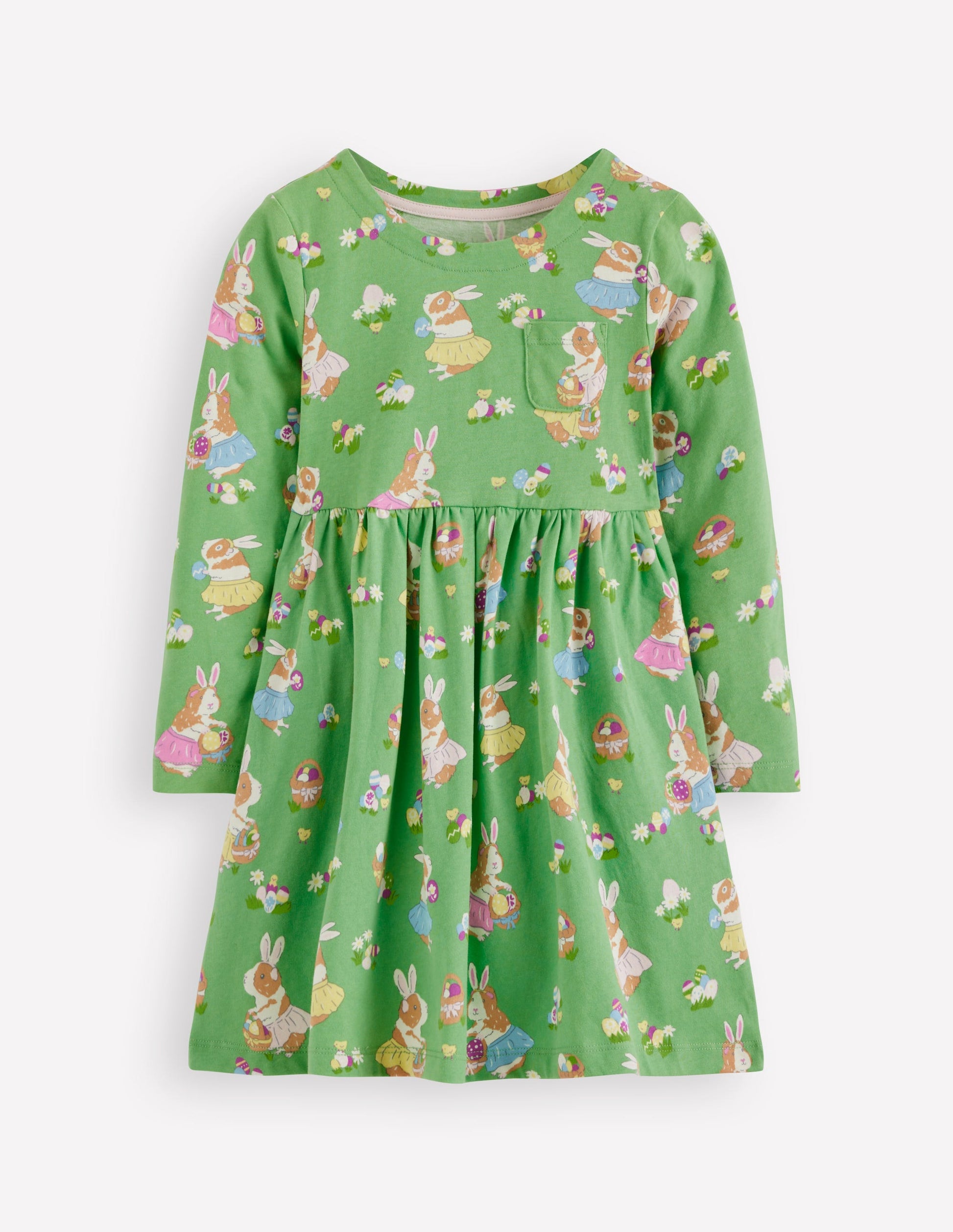 Long-Sleeved Fun Jersey Dress-Aloe Green Easter Guinea Pigs-1