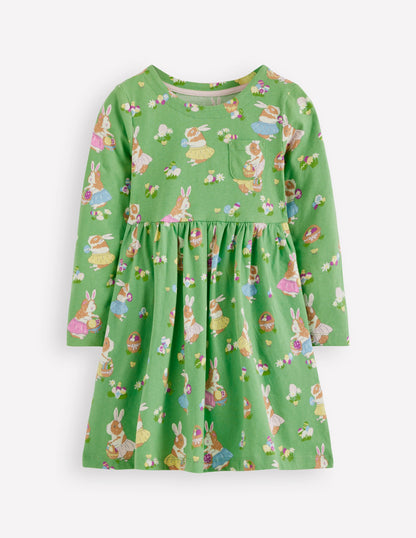Long-Sleeved Fun Jersey Dress-Aloe Green Easter Guinea Pigs-1