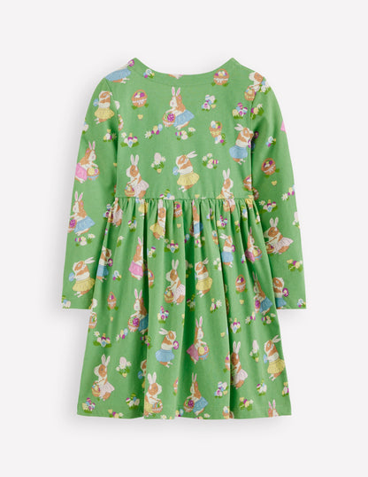 Long-Sleeved Fun Jersey Dress-Aloe Green Easter Guinea Pigs-2
