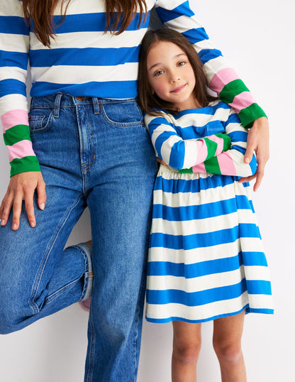 Long-Sleeved Fun Jersey Dress-Gallery Blue/ Ivory Stripe-4
