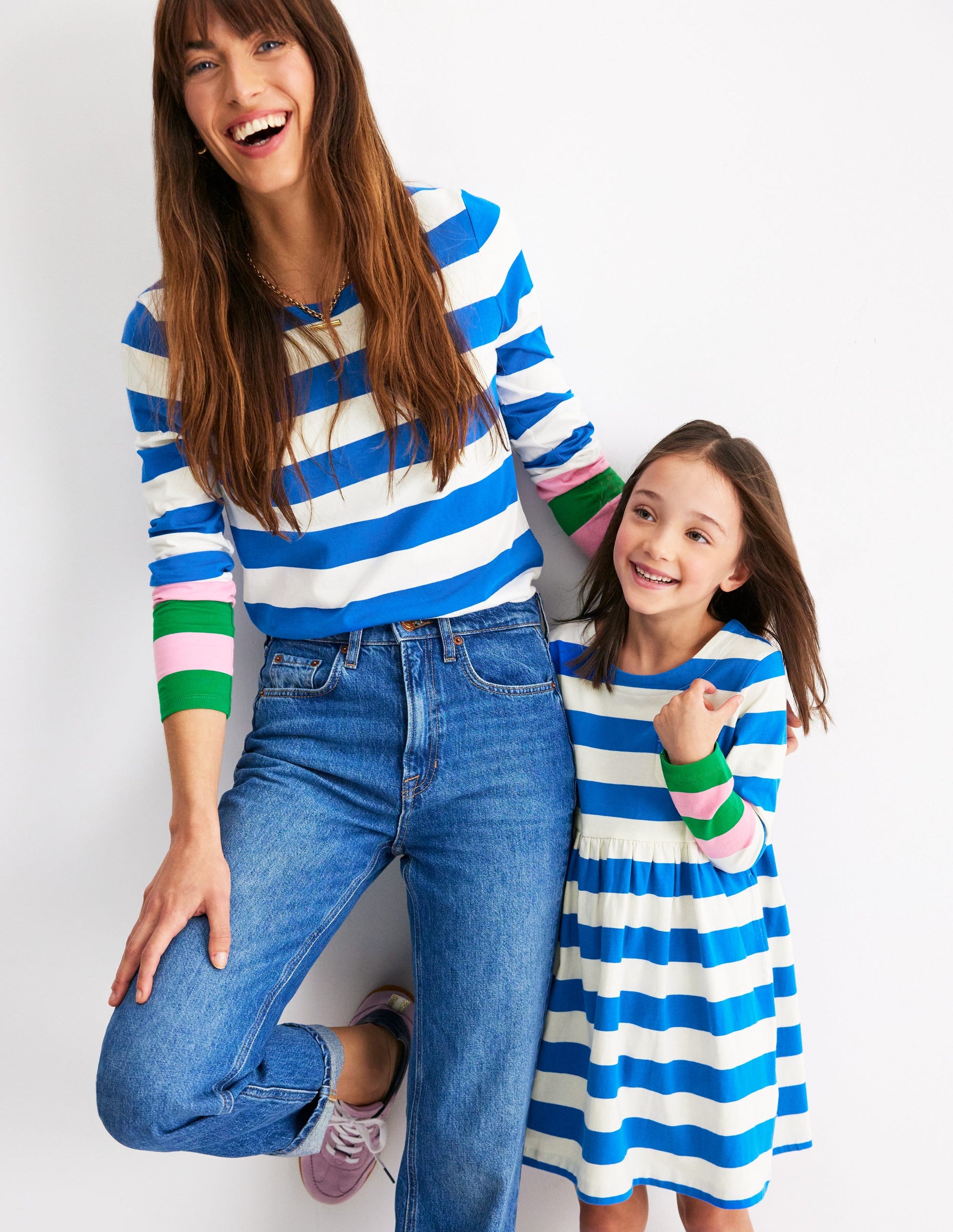 Long-Sleeved Fun Jersey Dress-Gallery Blue/ Ivory Stripe-5
