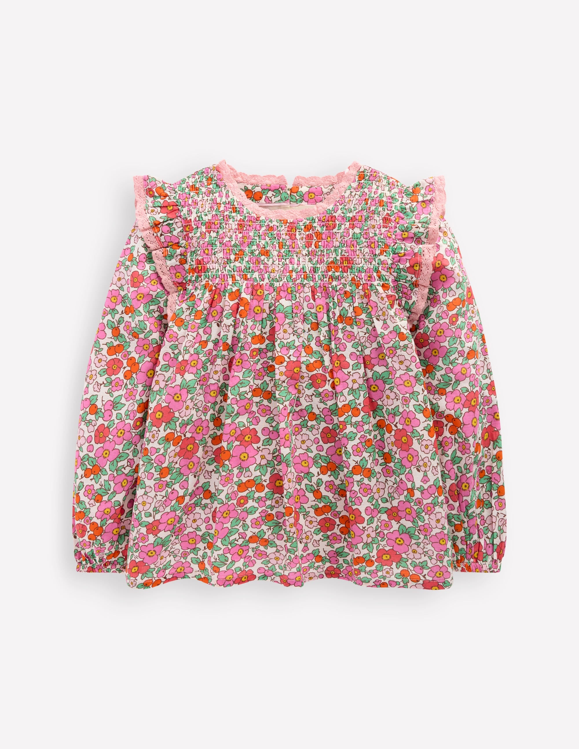 Smocked Ruffle Blouse-Pink Apple Blossom Floral - Image 1