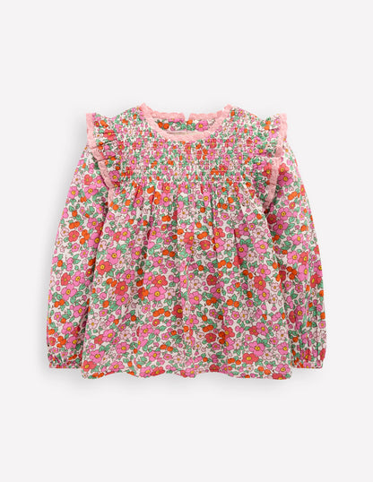 Smocked Ruffle Blouse-Pink Apple Blossom Floral-1