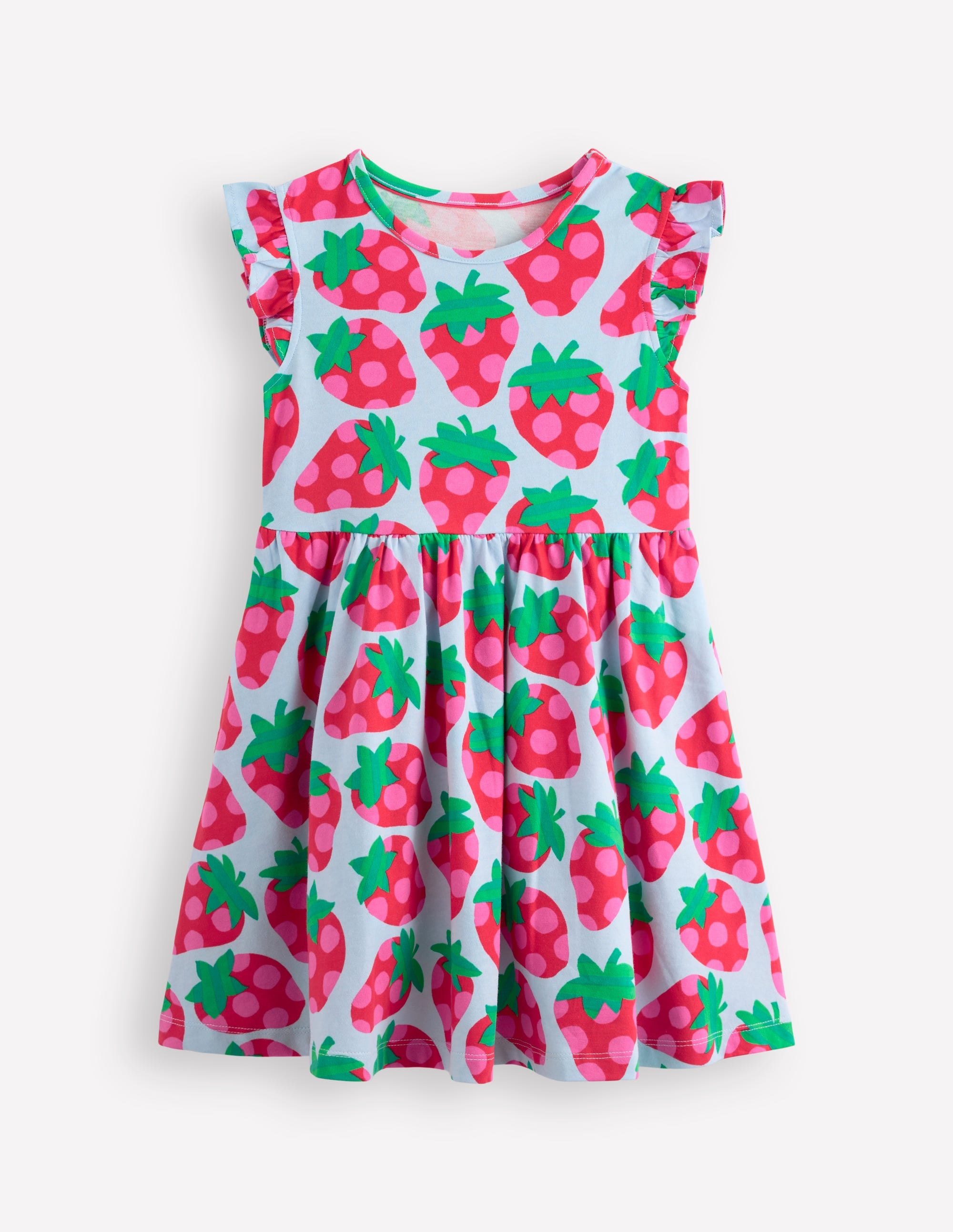 Posie Frill Sleeve Dress-Misty Blue Spotty Strawberry - Image 1