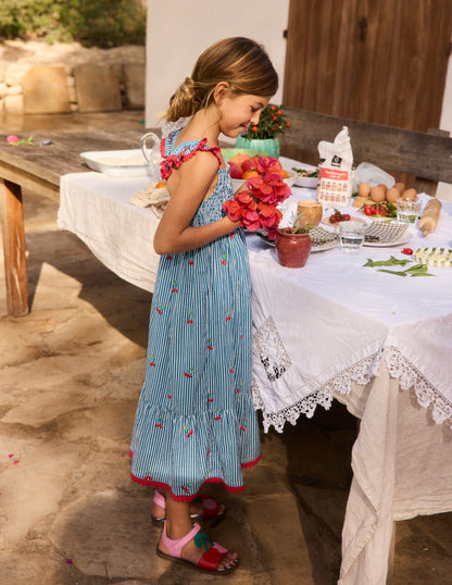 Luella Frill Maxi Sundress-Blue/White Cherries-4