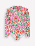 Frill Long Sleeved Swimsuit-Pink Apple Blossom Floral