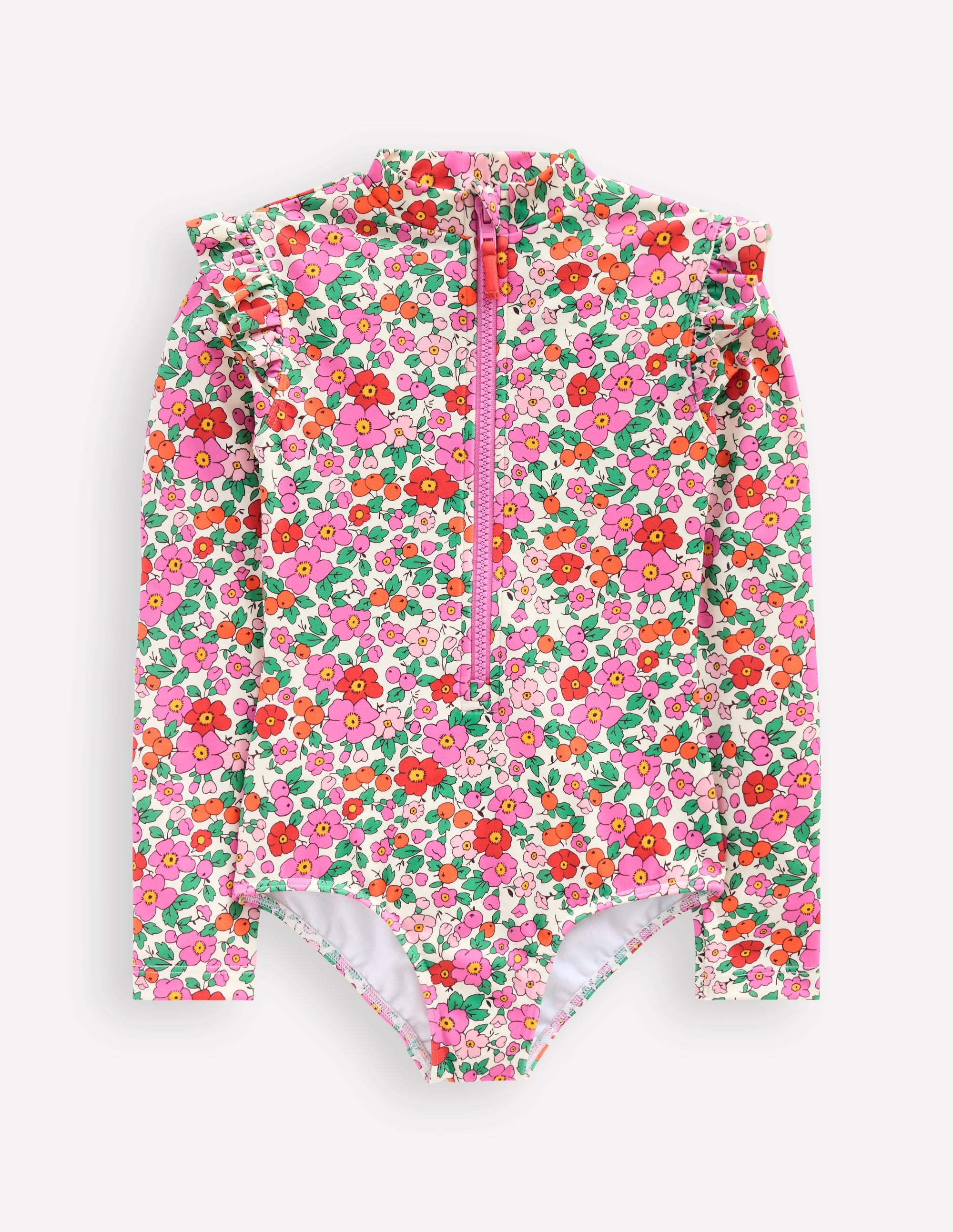 Frill Long Sleeved Swimsuit-Pink Apple Blossom Floral - Image 1
