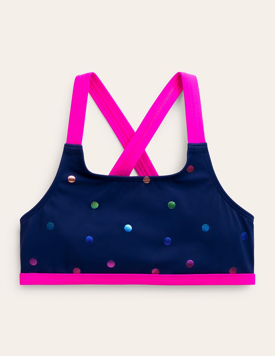 Cross-back Bikini Top-Navy Rainbow Confetti Spot - Image 1