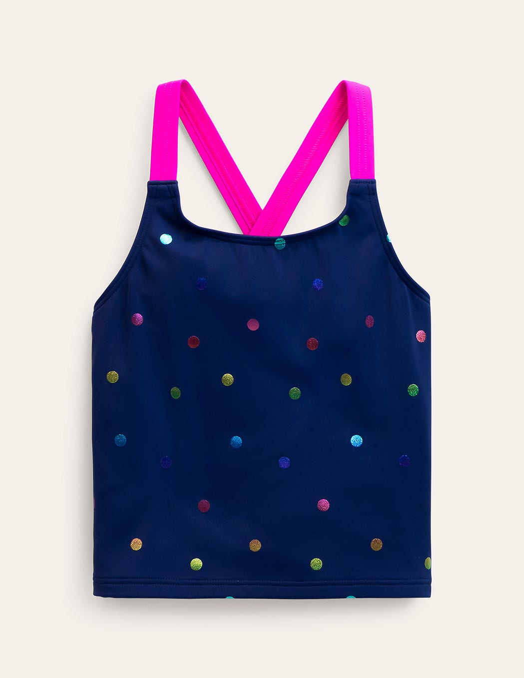 Cross-back Tankini Top-Navy Rainbow Confetti Spot-1