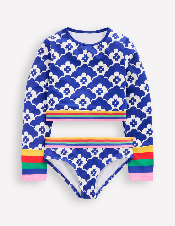 Cropped Rash Vest Set-Orion Blue Geo Flower