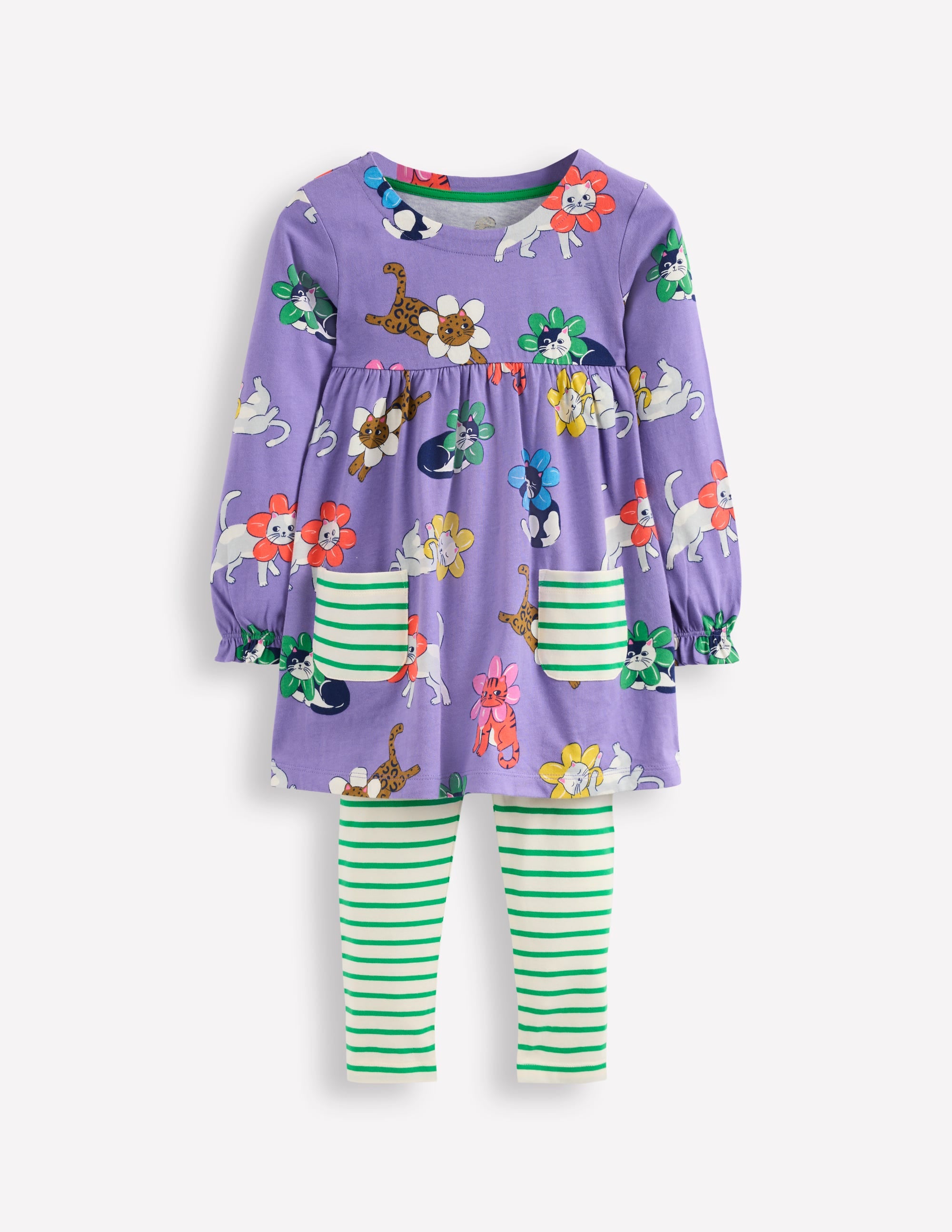 Long-sleeved print tunic set-Aster Purple Flower Cats - Image 1