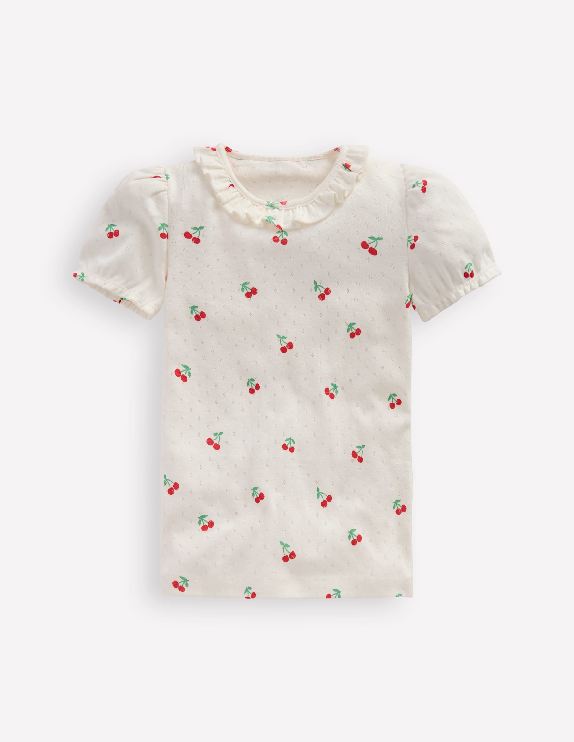Short-sleeved Ruffle Pointelle-Ivory Cherries - Image 1