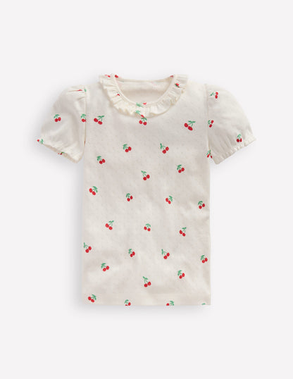 Short-sleeved Ruffle Pointelle-Ivory Cherries-1