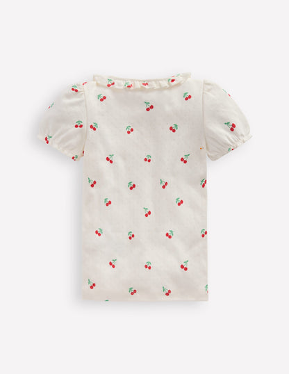 Short-sleeved Ruffle Pointelle-Ivory Cherries-2