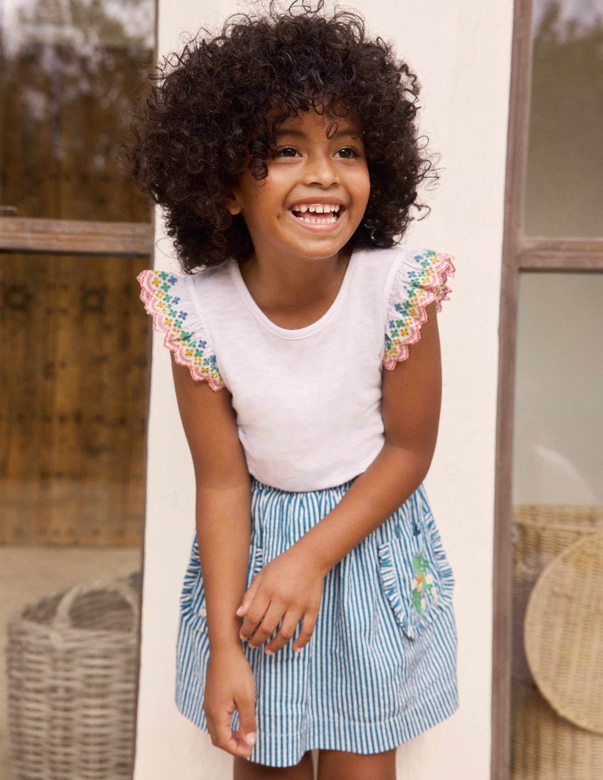 Applique Pocket Skirt-Blue Ticking Floral Stripe - Image 4