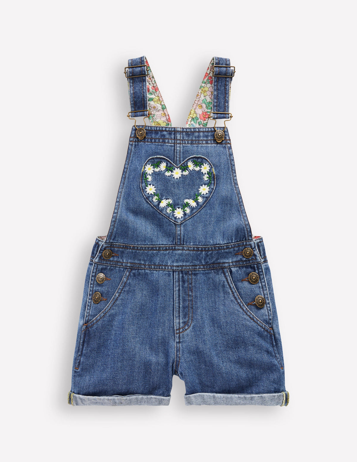 Heart Pocket Short Dungarees-Vintage Embroidered Daisy - Image 1