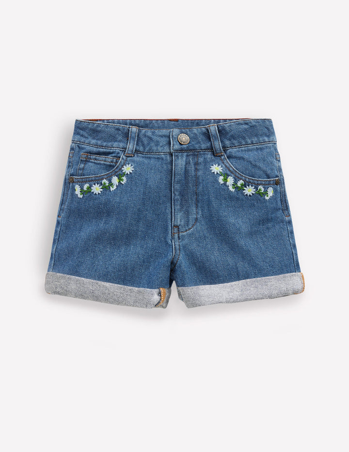 Denim Shorts-Vintage Embroidered Daisy