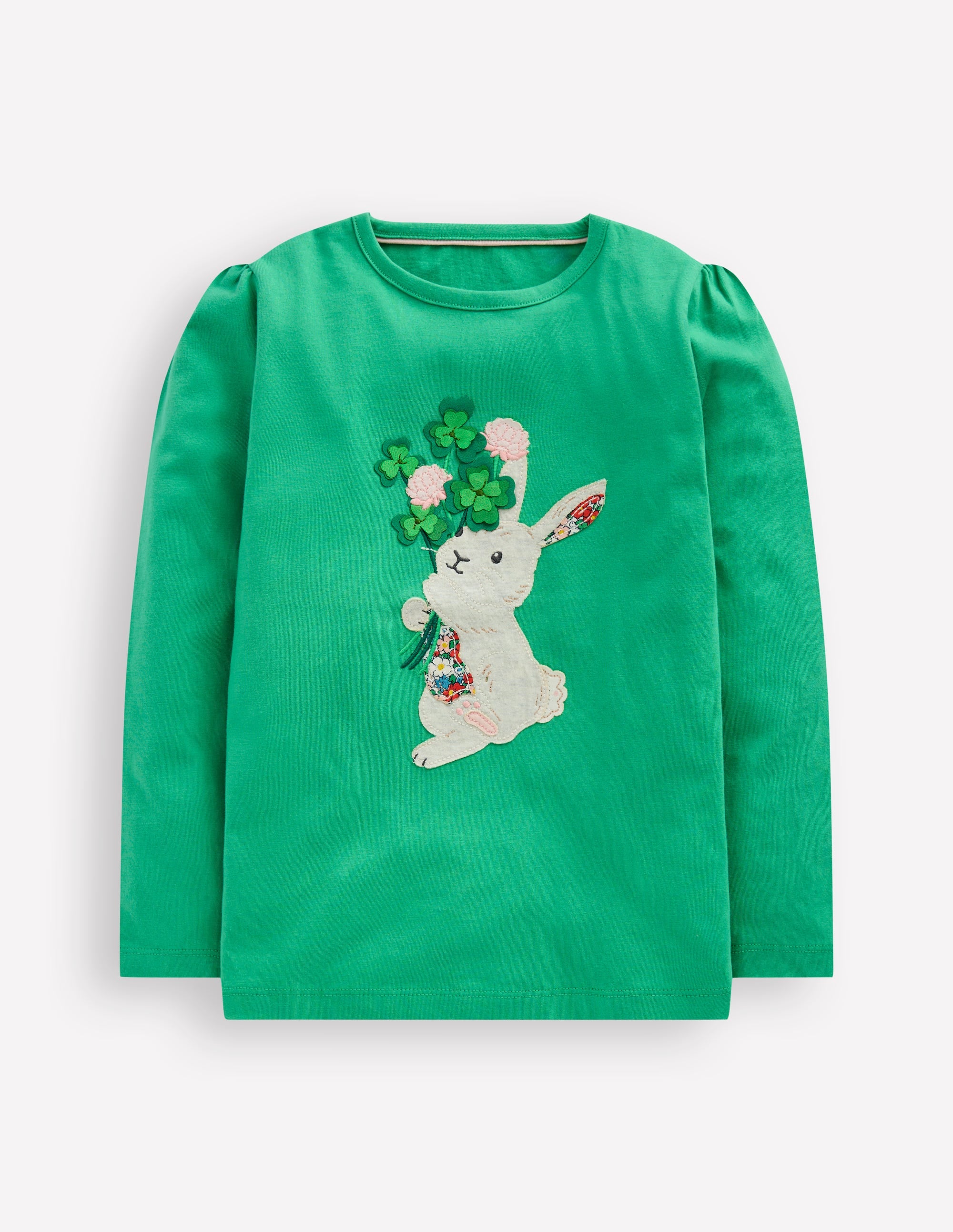 Puff Sleeve Applique T-Shirt-Aloe Green Bunny - Image 1