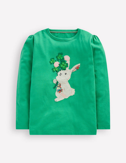 Puff Sleeve Applique T-Shirt-Aloe Green Bunny-1