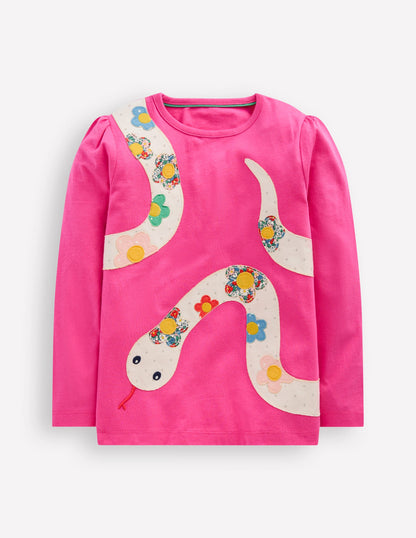 Puff Sleeve Applique T-Shirt-Pink Lunar New Year Snake-1
