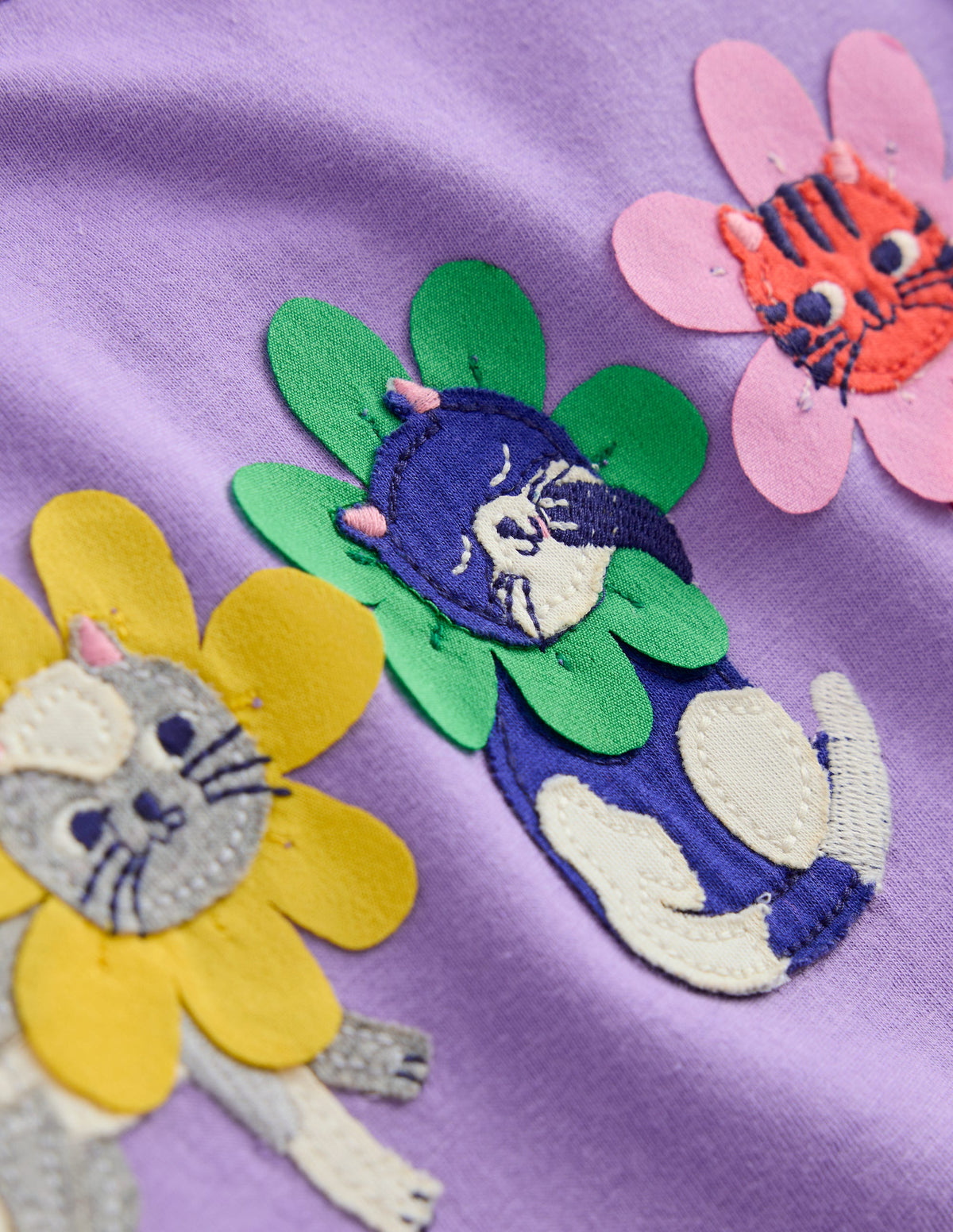 Puff Sleeve Applique T-Shirt-Aster Purple Flower Cats - Image 3