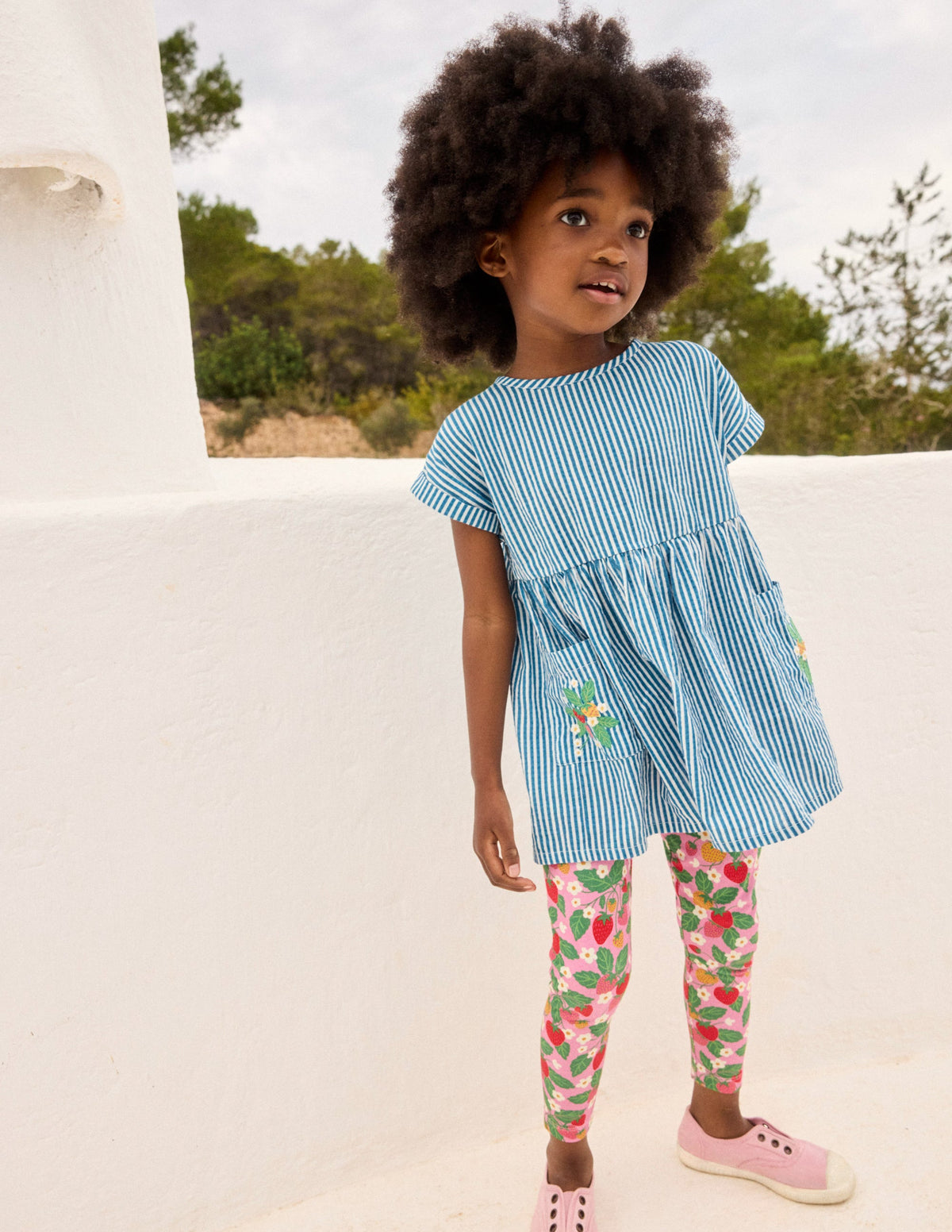 Short-sleeved woven tunic-Ticking Blue Embroidery - Image 4