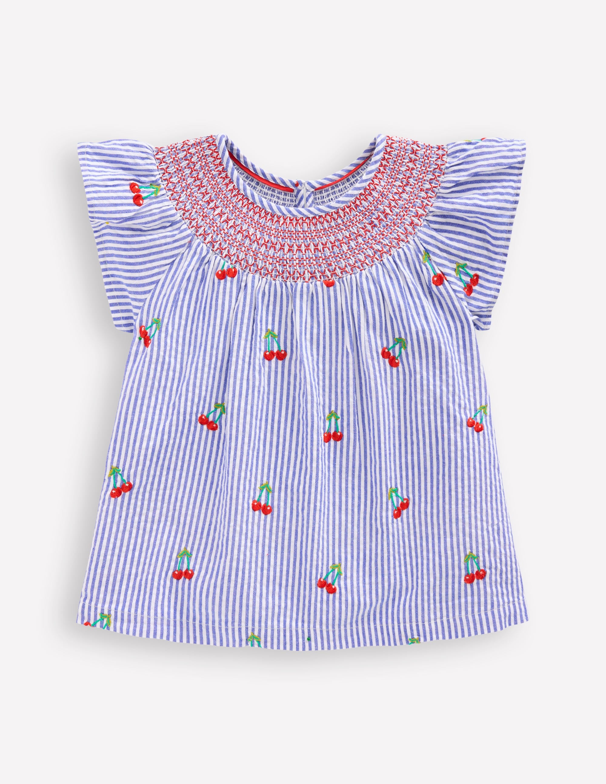 Woven Smocked Top-Blue Ticking Cherries - Image 1