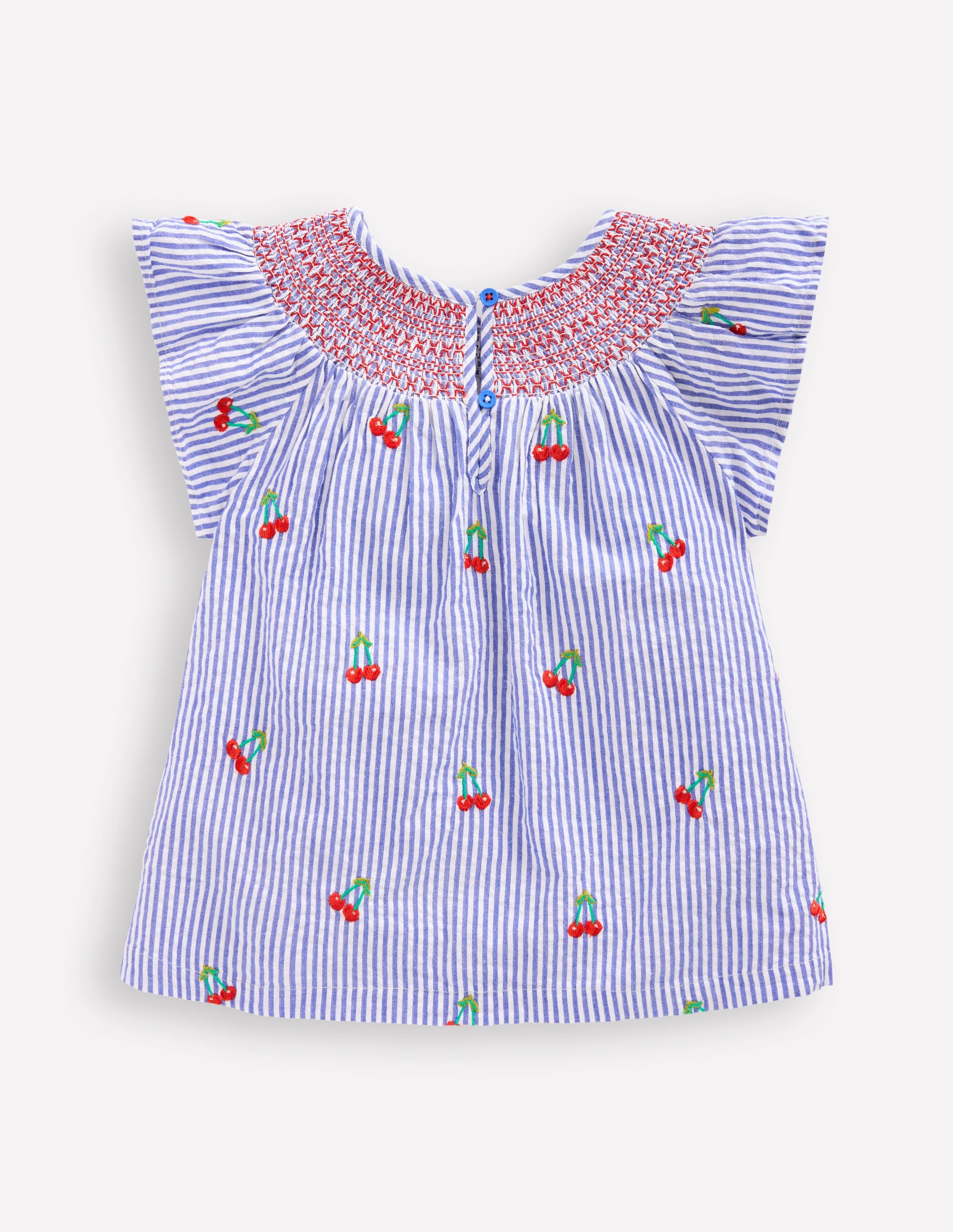 Woven Smocked Top-Blue Ticking Cherries - Image 2