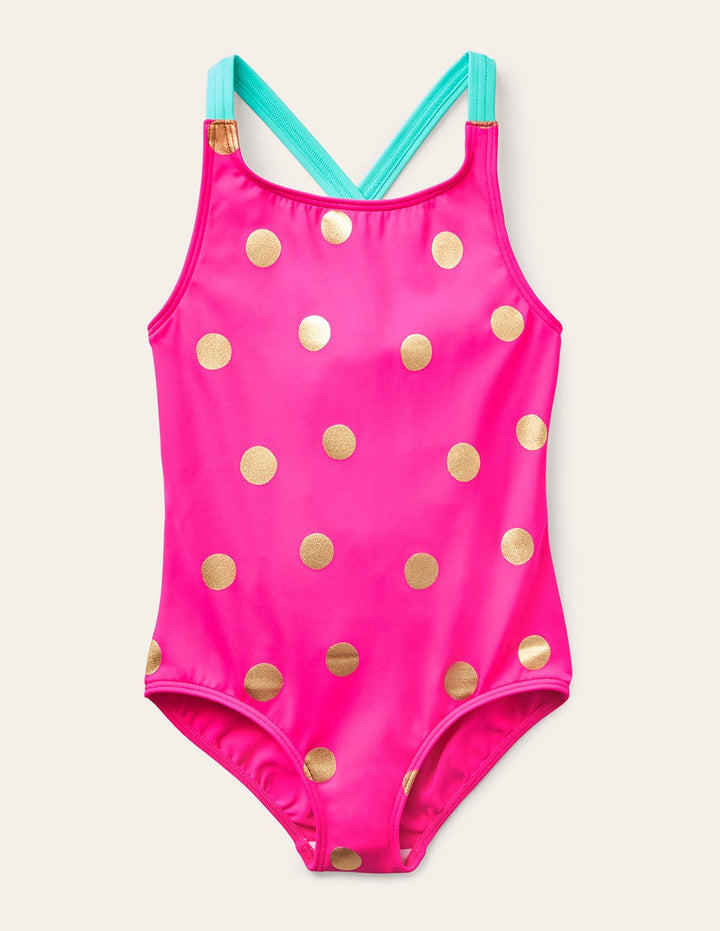 Cross-back Printed Swimsuit-Fuchsia Pink, Gold Foil Spot