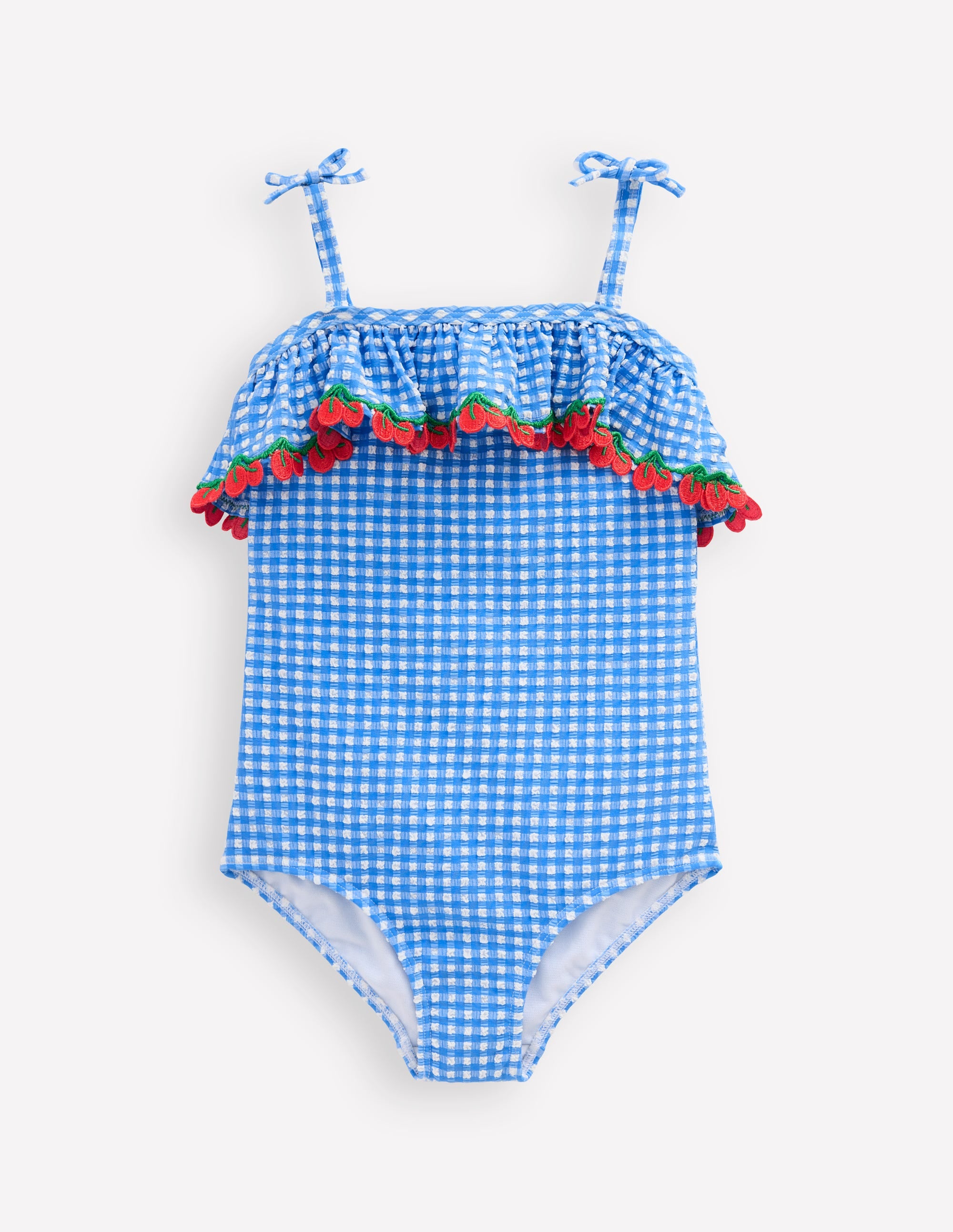 Frill Tie Detail Swimsuit-Blue Gingham Cherries - Image 1